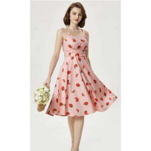 BELLE POQUE Midi Sun Smocked Swing Dress Strawberry Print Coquette Pinup S